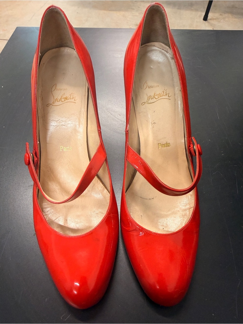 Christian Louboutin Red Patent Mary Jane Heels with Strap
